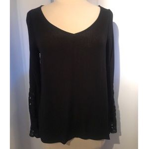 High Low Black V-Neck Bell Sleeve w/Crochet Cuffs